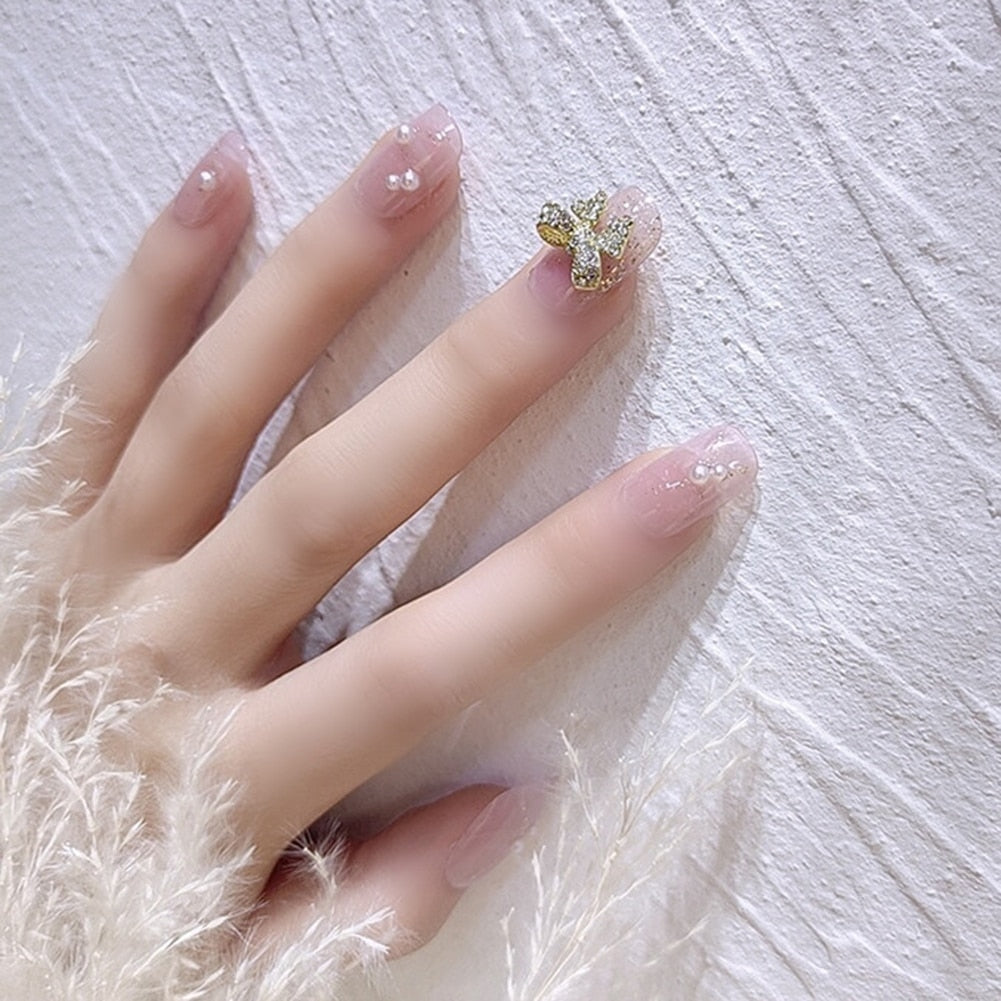 24 Pcs Nude Color nail tips Women Wearable Fake press on Nails with Diamond Short Round Full Cover artificial nails with Glue humolife