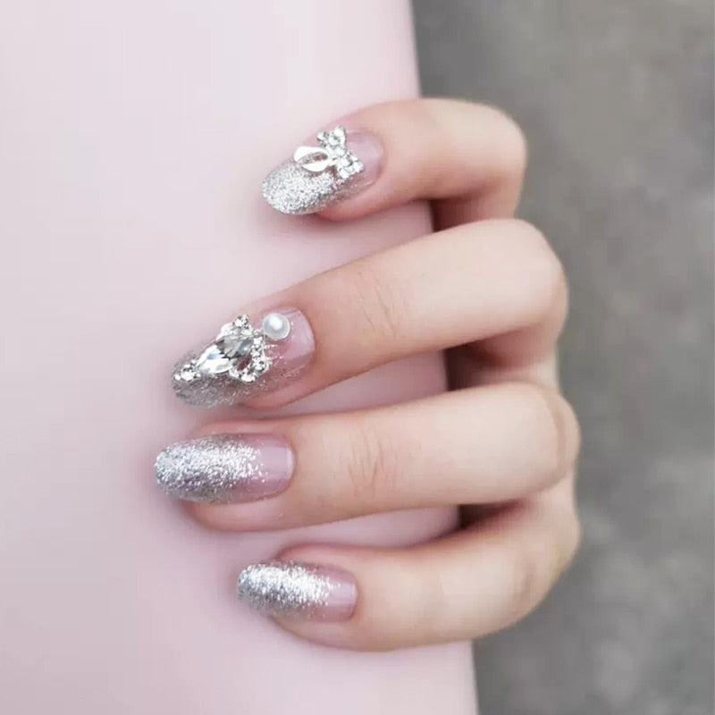 24 Pcs Nude Color nail tips Women Wearable Fake press on Nails with Diamond Short Round Full Cover artificial nails with Glue humolife