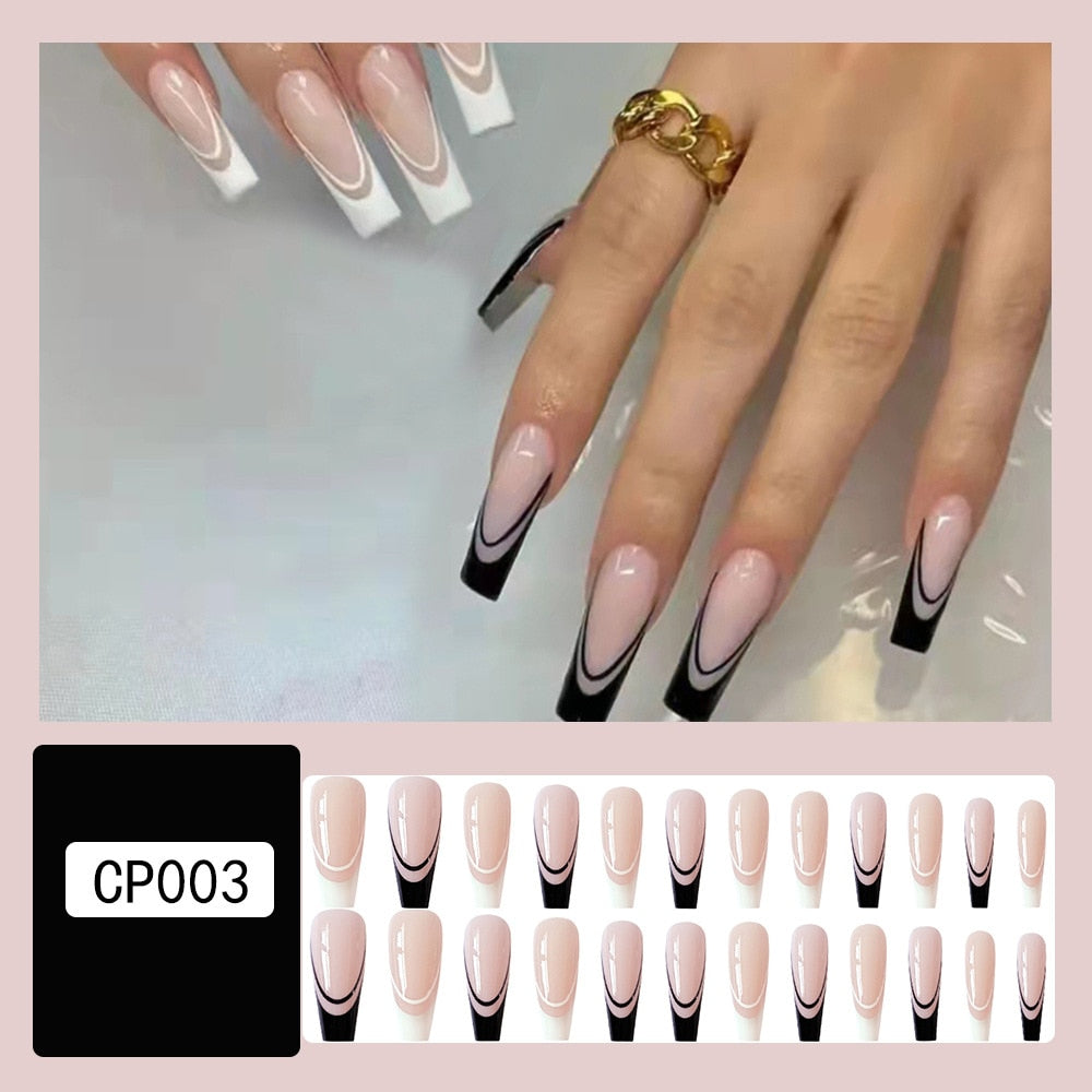 24Pcs Detachable Artificial Fake Nails French Purple Grape Blue wave Design Long Ballet Coffin Press On Nail False Manicure Tips humolife