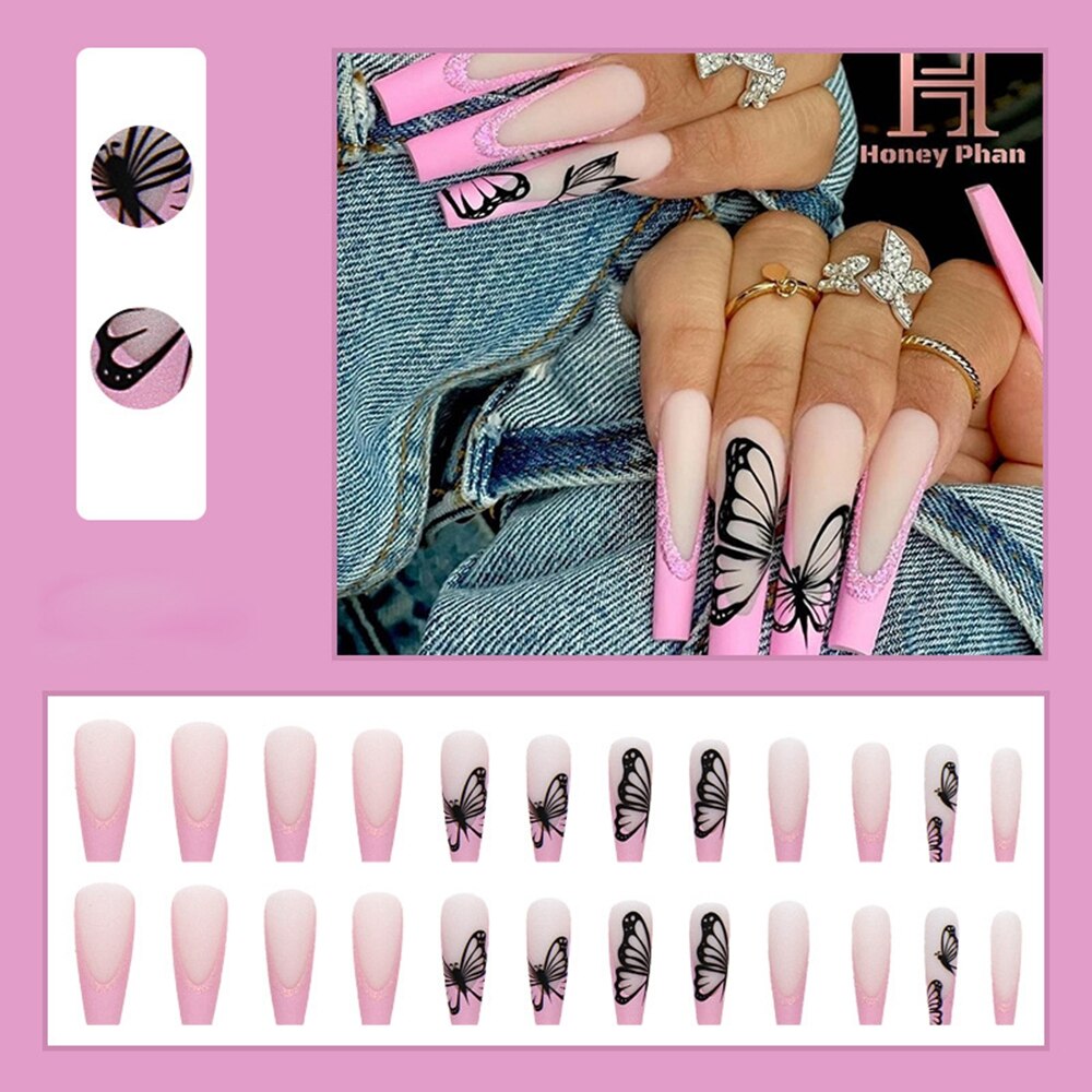24pc Press On Nails Long Coffin Fake Nails Butterfly Design French False Nails Rhinestone Acrylic Fingernail Decal Ballerina Tip humolife
