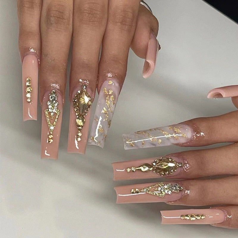 24 Pcs/Box Fake Nails Set Black White Design With Crown Extra Long Ballet Removable Nail Tips Full Cover Acrylic Coffin Nails humolife