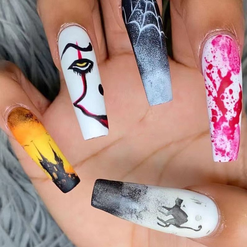24Pcs Halloween False Nails Wearable French Long Fake Nails Coffin Ballet Press on Nail Black Pumpkin Patch Design Manicure Tips humolife