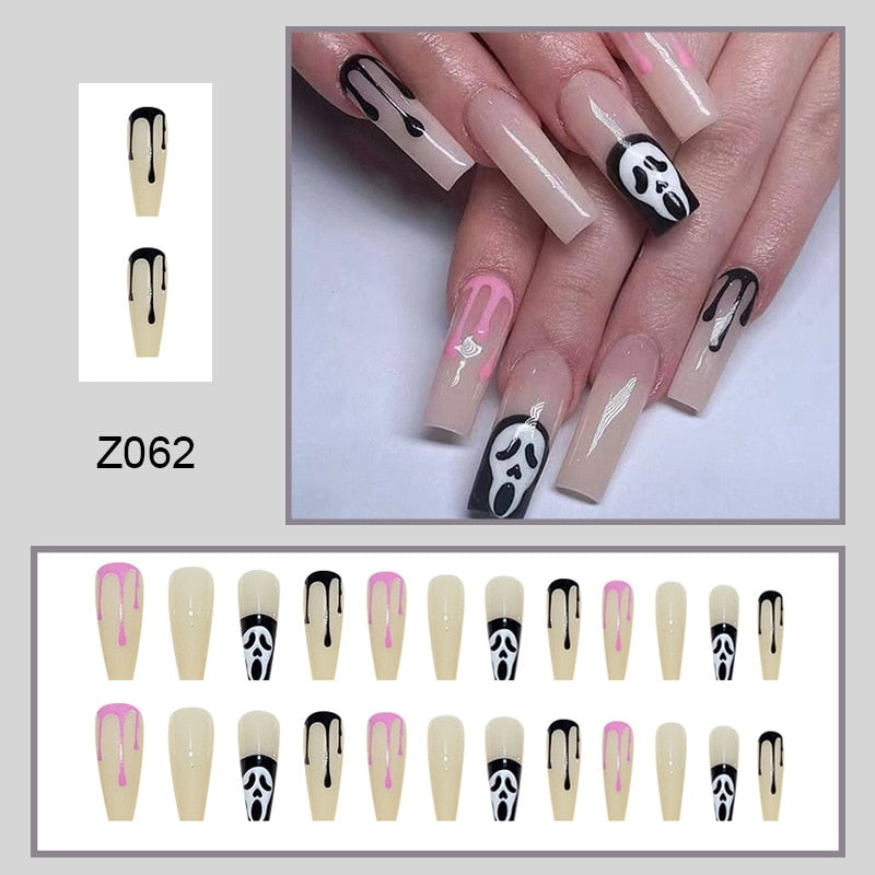 24Pcs Halloween False Nails Wearable French Long Fake Nails Coffin Ballet Press on Nail Black Pumpkin Patch Design Manicure Tips humolife