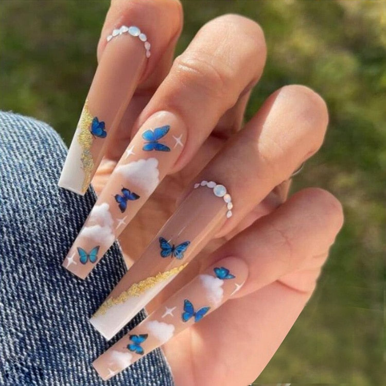 24pcs Long Coffin False Nails With Glue Wearable Ballerina Fake Nails With Design Rhinestone Full Cover Nail Tips Press On Nails humolife
