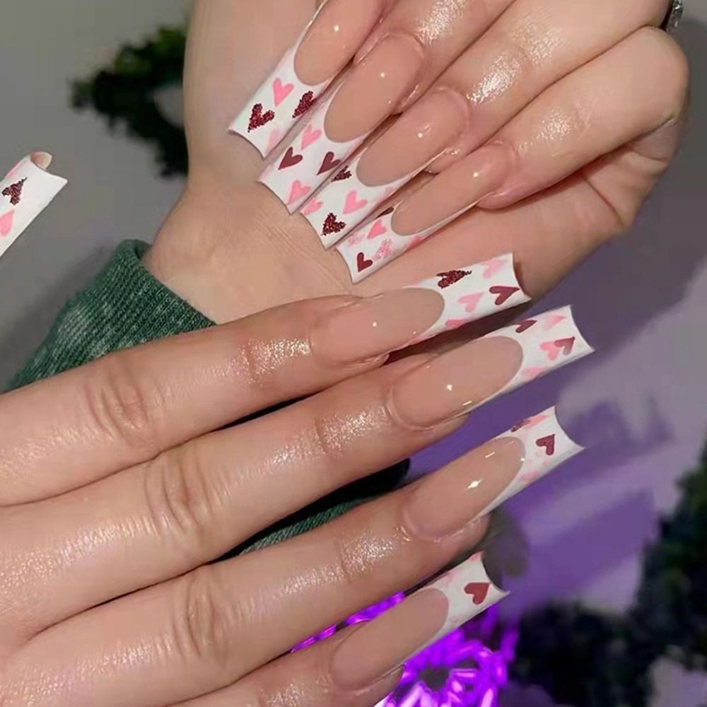 24pc Press On Nails Long Coffin Fake Nails Butterfly Design French False Nails Rhinestone Acrylic Fingernail Decal Ballerina Tip humolife