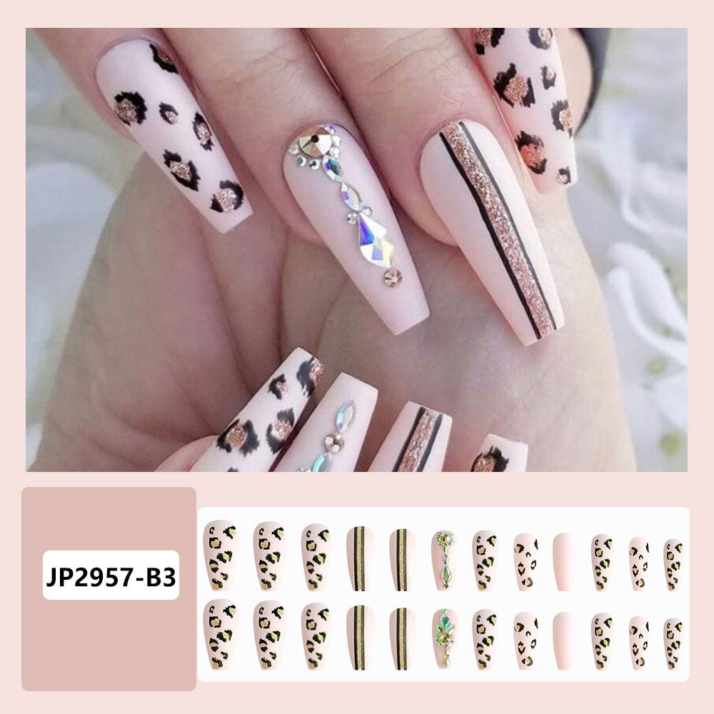 24pcs Press On Tips Nails Long Coffin False Nails Black Deep V Shape With Rhinestones Leopard Full Cover Fake Nails Nail Tips humolife