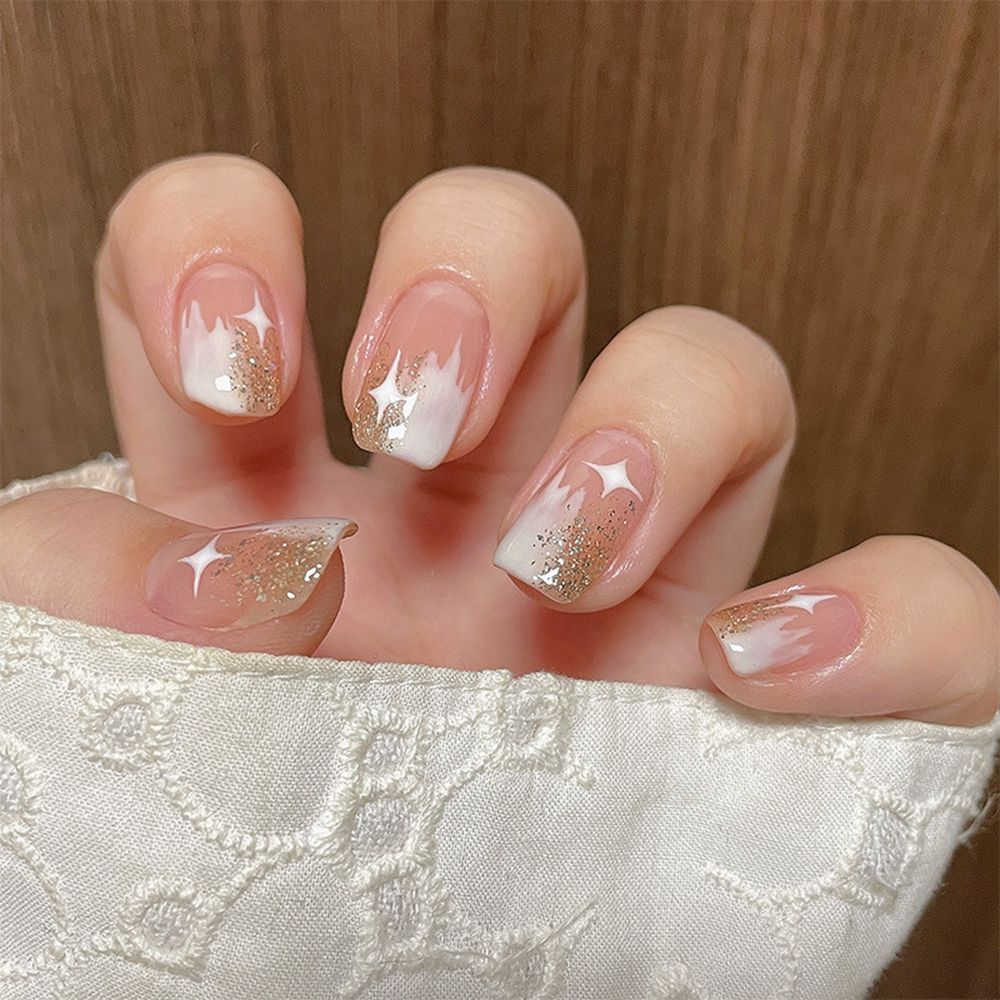 24pcs False Nail Full Cover Fake Nail Elegant Pink Gradient Glitter French Short Nails Coffin Short False Nail Press On Nails humolife