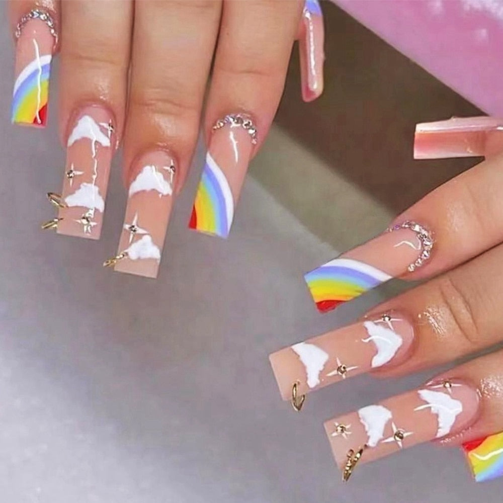 24Pcs Vintage French Long Ballet False Nails With Gold Foil Pearl Rhinestone Design Full Cover Press On Nail Tips Fake Nails humolife
