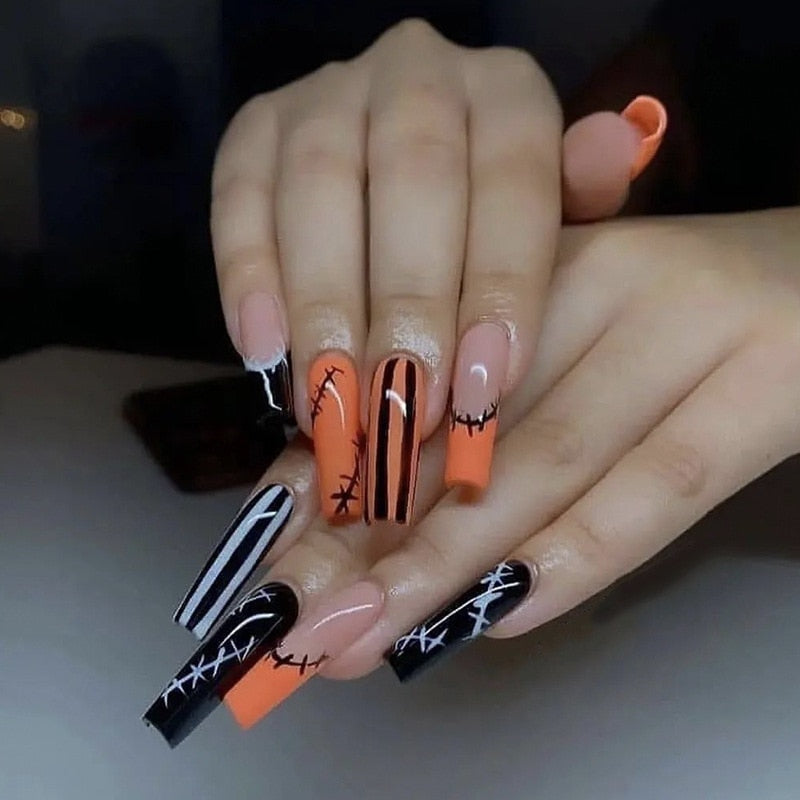 24Pcs Halloween False Nails Wearable French Long Fake Nails Coffin Ballet Press on Nail Black Pumpkin Patch Design Manicure Tips humolife