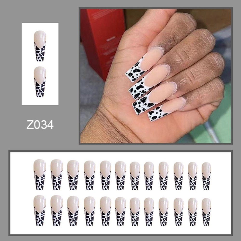 24pcs Press On Tips Nails Long Coffin False Nails Black Deep V Shape With Rhinestones Leopard Full Cover Fake Nails Nail Tips humolife