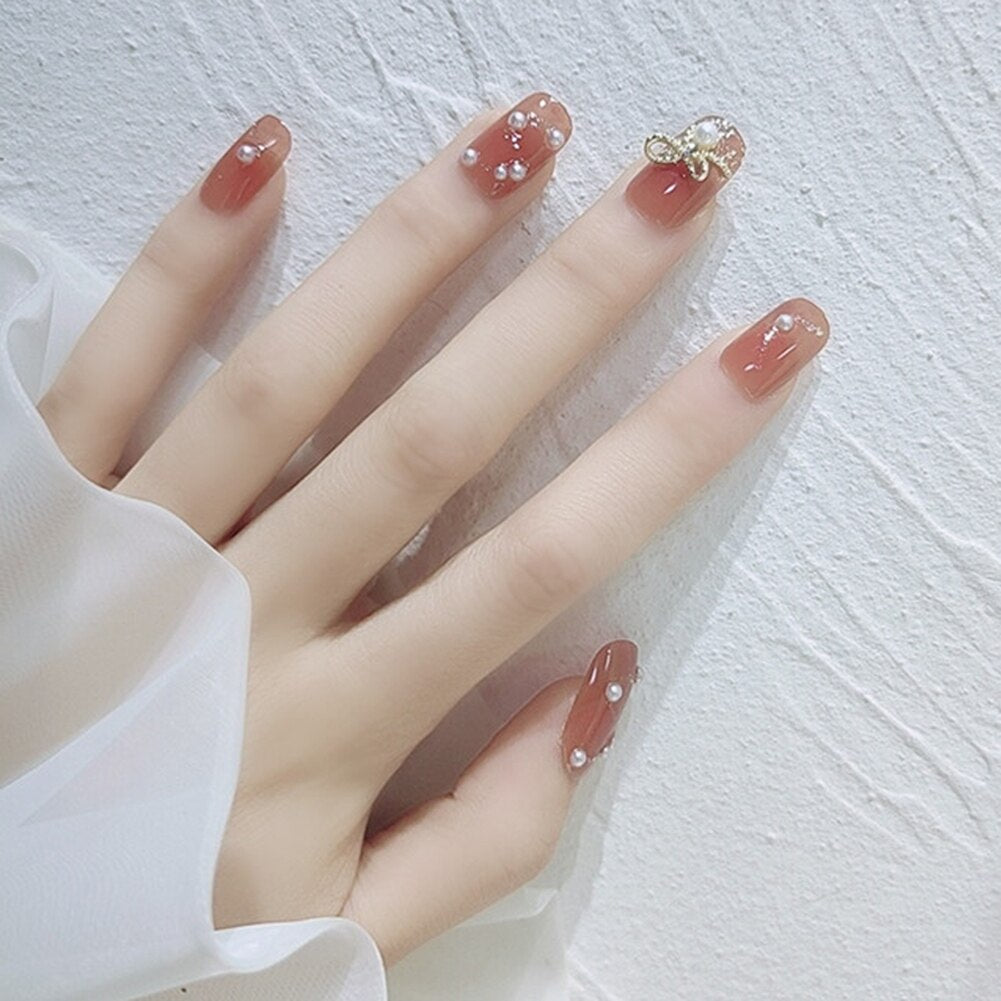 24 Pcs Nude Color nail tips Women Wearable Fake press on Nails with Diamond Short Round Full Cover artificial nails with Glue humolife