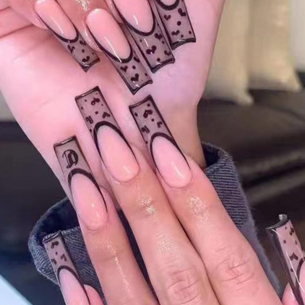 24pcs Press On Tips Nails Long Coffin False Nails Black Deep V Shape With Rhinestones Leopard Full Cover Fake Nails Nail Tips humolife
