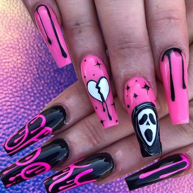 24Pcs Halloween False Nails Wearable French Long Fake Nails Coffin Ballet Press on Nail Black Pumpkin Patch Design Manicure Tips humolife