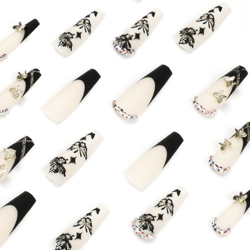 24Pcs Full Cover False Nails Black French Butterfly Design Press on Nails with Rhinestones Ballet Fake Nails Wearable Nail Tips humolife