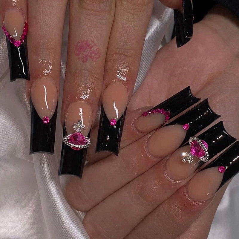 24pcs Press On Tips Nails Long Coffin False Nails Red Rhinestone Full Cover French Ballerina Fake Nails Nail Tips Manicure Tool humolife