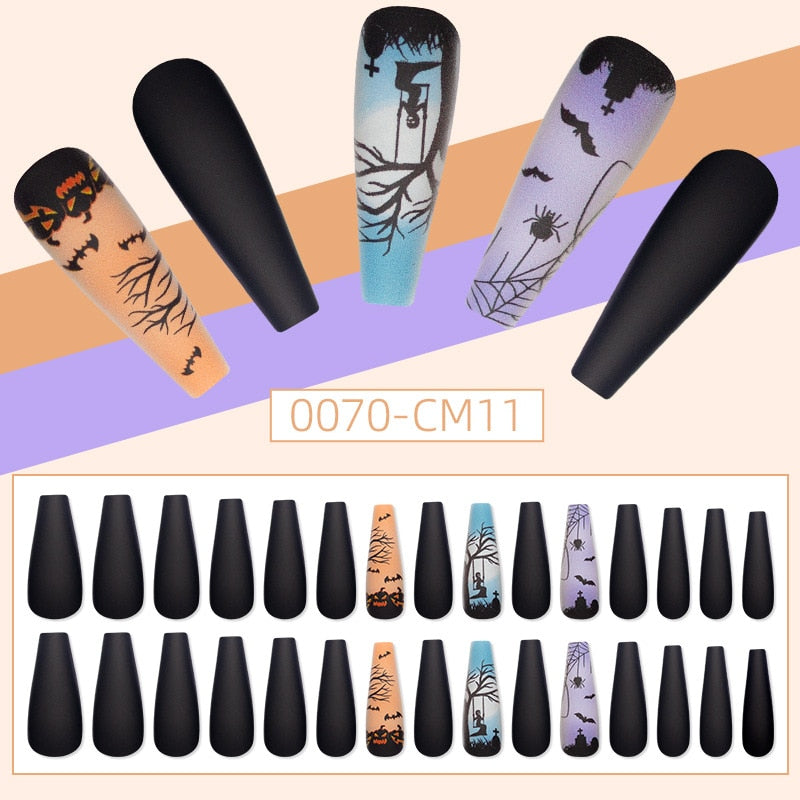 24Pcs Halloween False Nails Wearable French Long Fake Nails Coffin Ballet Press on Nail Black Pumpkin Patch Design Manicure Tips humolife