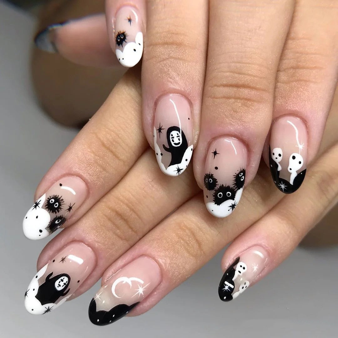 24Pcs Halloween False Nails Wearable French Long Fake Nails Coffin Ballet Press on Nail Black Pumpkin Patch Design Manicure Tips humolife
