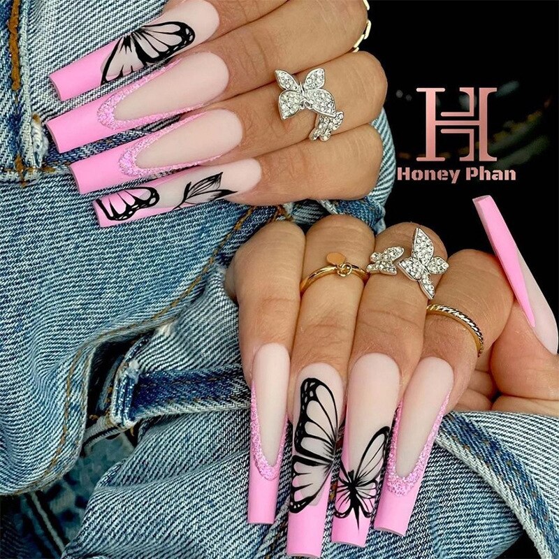 24Pcs Full Cover False Nails Black French Butterfly Design Press on Nails with Rhinestones Ballet Fake Nails Wearable Nail Tips humolife