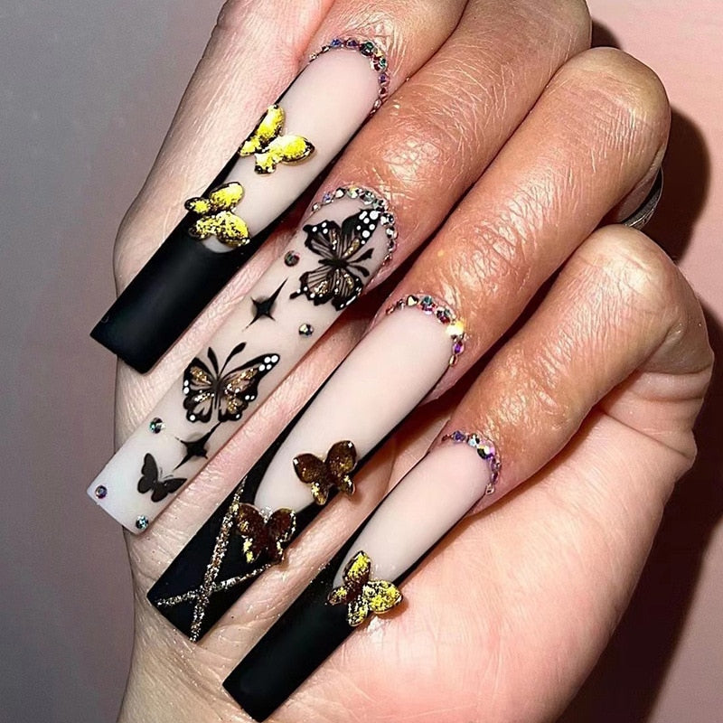 24Pcs Full Cover False Nails Black French Butterfly Design Press on Nails with Rhinestones Ballet Fake Nails Wearable Nail Tips humolife