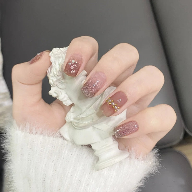 24 Pcs Nude Color nail tips Women Wearable Fake press on Nails with Diamond Short Round Full Cover artificial nails with Glue humolife