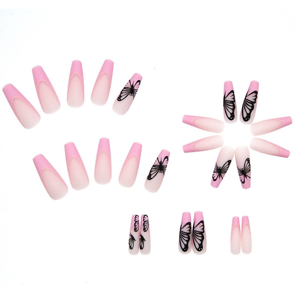24pc Press On Nails Long Coffin Fake Nails Butterfly Design French False Nails Rhinestone Acrylic Fingernail Decal Ballerina Tip humolife