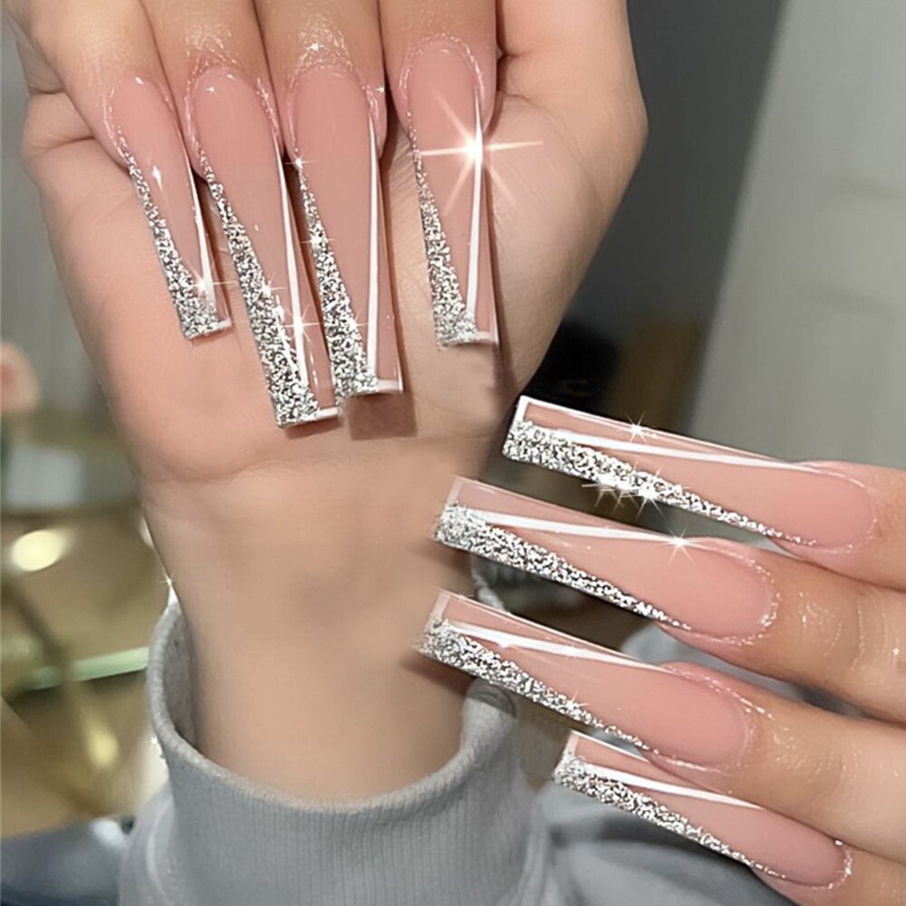 24pcs Press On Tips Nails Long Coffin False Nails Black Deep V Shape With Rhinestones Leopard Full Cover Fake Nails Nail Tips humolife