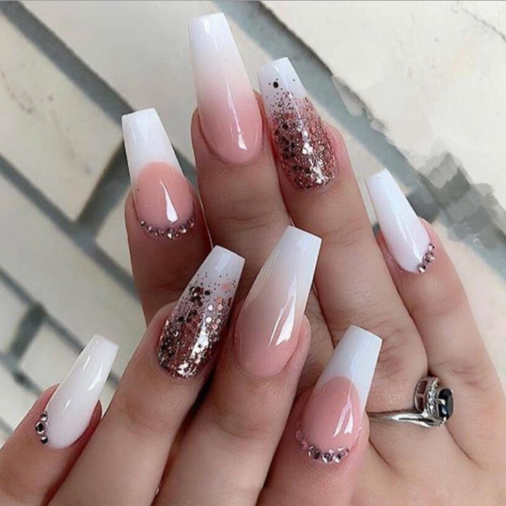 24pcs False Nail Full Cover Fake Nail Elegant Pink Gradient Glitter French Short Nails Coffin Short False Nail Press On Nails humolife