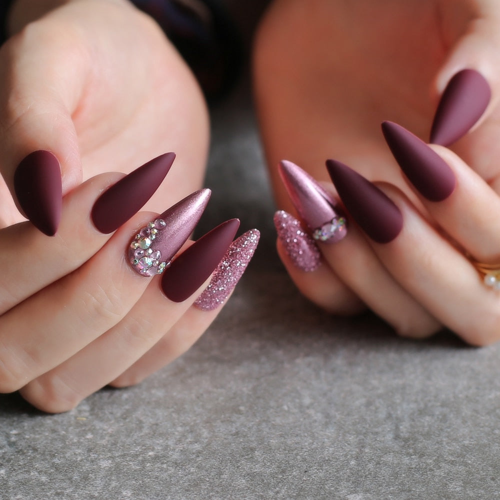 Purple glitter DIY Salon press on nails Burgundy Stiletto long Salon Fake nails Rose metal crystal Nude false nails humolife