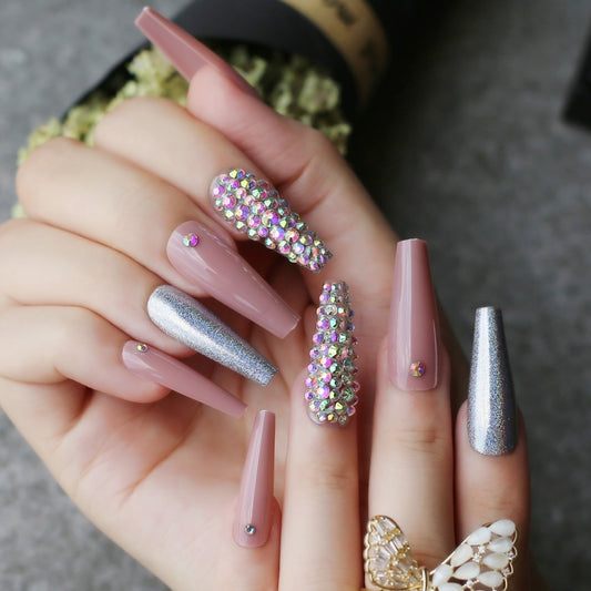 Extra nude long coffin fake nail Rhinestone luxury coffin AB Rhinestone holographic false nails coffee humolife