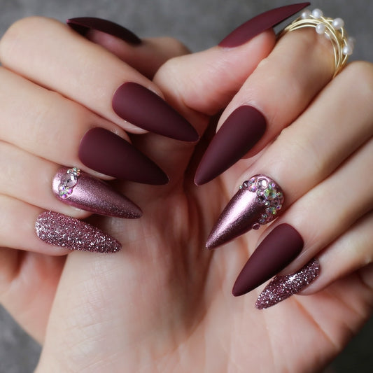 Purple glitter DIY Salon press on nails Burgundy Stiletto long Salon Fake nails Rose metal crystal Nude false nails humolife