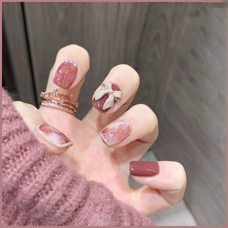 24 Pcs Nude Color nail tips Women Wearable  Fake press on Nails with Diamond Short Round Full Cover artificial nails with Glue humolife