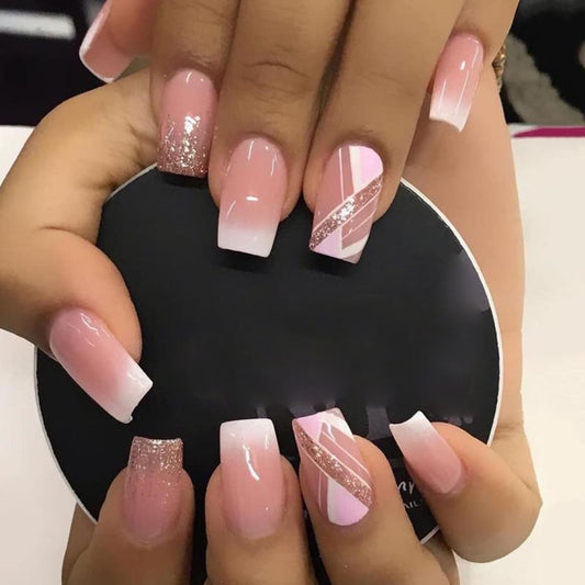 24pcs False Nail Full Cover Fake Nail Elegant Pink Gradient Glitter French Short Nails Coffin Short False Nail Press On Nails humolife