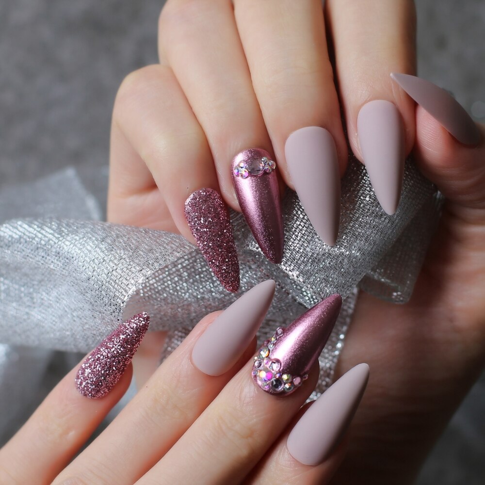 Purple glitter DIY Salon press on nails Burgundy Stiletto long Salon Fake nails Rose metal crystal Nude false nails humolife