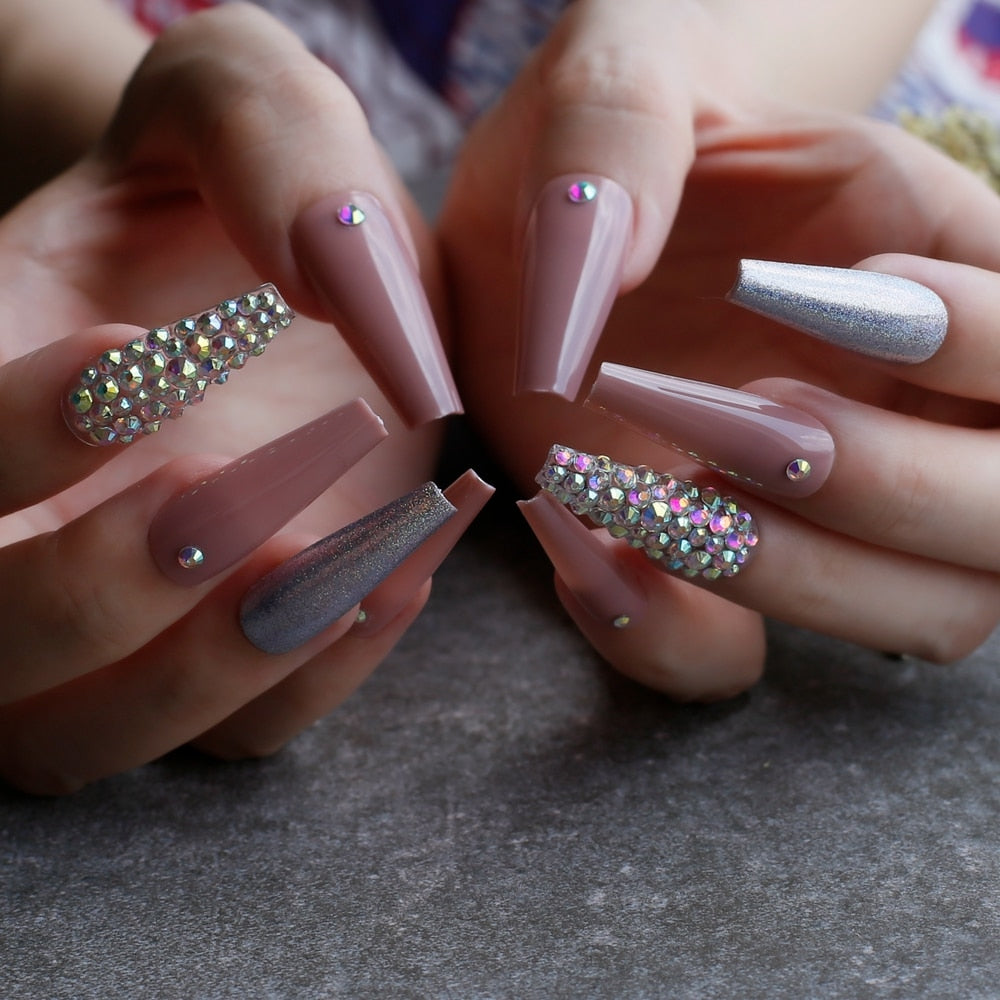 Extra nude long coffin fake nail Rhinestone luxury coffin AB Rhinestone holographic false nails coffee humolife