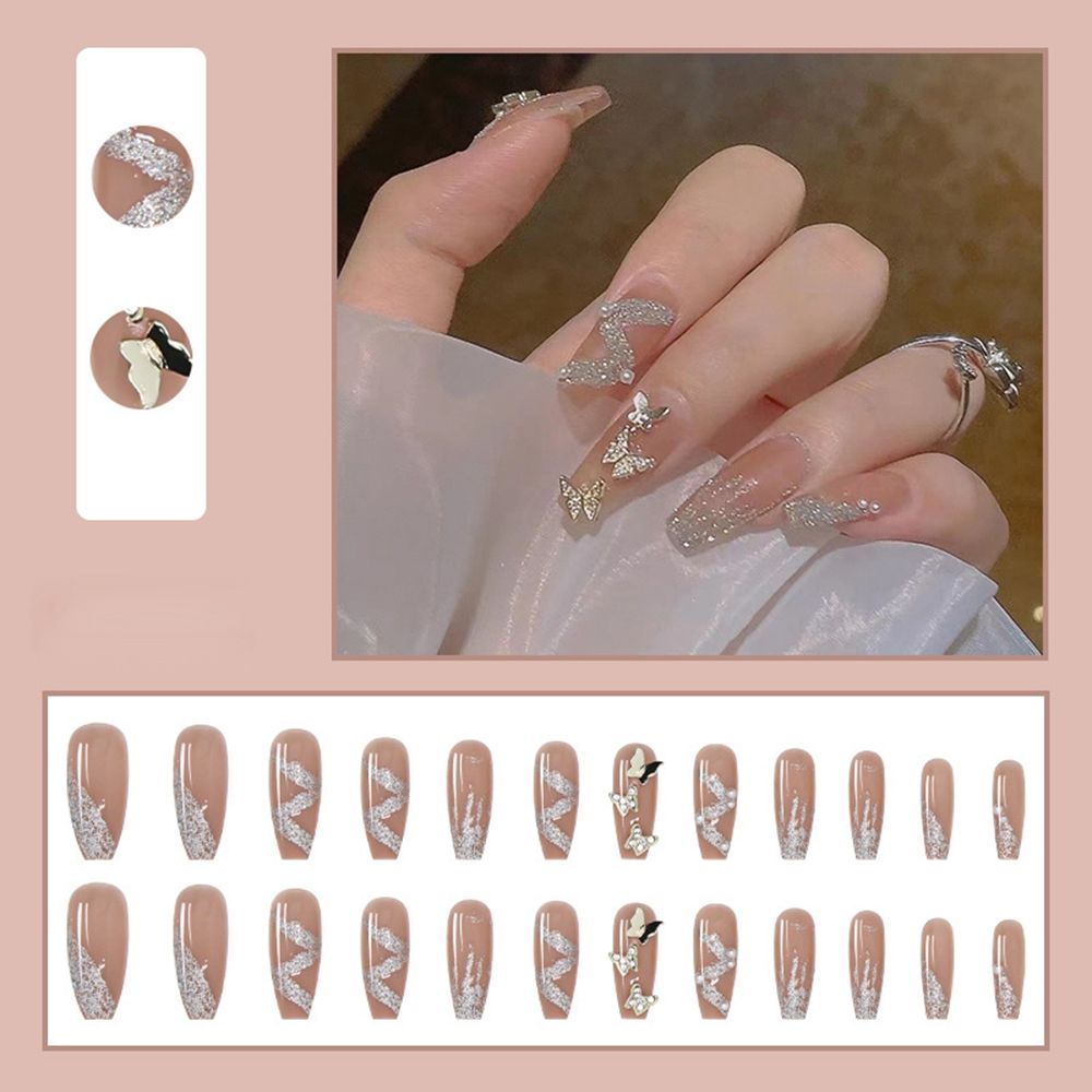 Long Coffin False Nails Aurora Butterfly with designs French Ballerina fake Nails wearable nail stickers Full Cover Nail Tips humolife