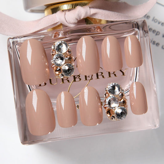24 Pcs Nude Color nail tips Women Wearable  Fake press on Nails with Diamond Short Round Full Cover artificial nails with Glue humolife