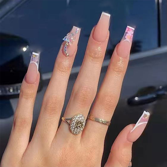 Long Coffin False Nails Aurora Butterfly with designs French Ballerina fake Nails wearable nail stickers Full Cover Nail Tips humolife