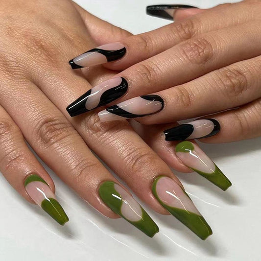 Black And Green Wave Line False Nails French Ballerina Long Coffin Fake Nails Press On Nail Tips nail supplies for professionals humolife