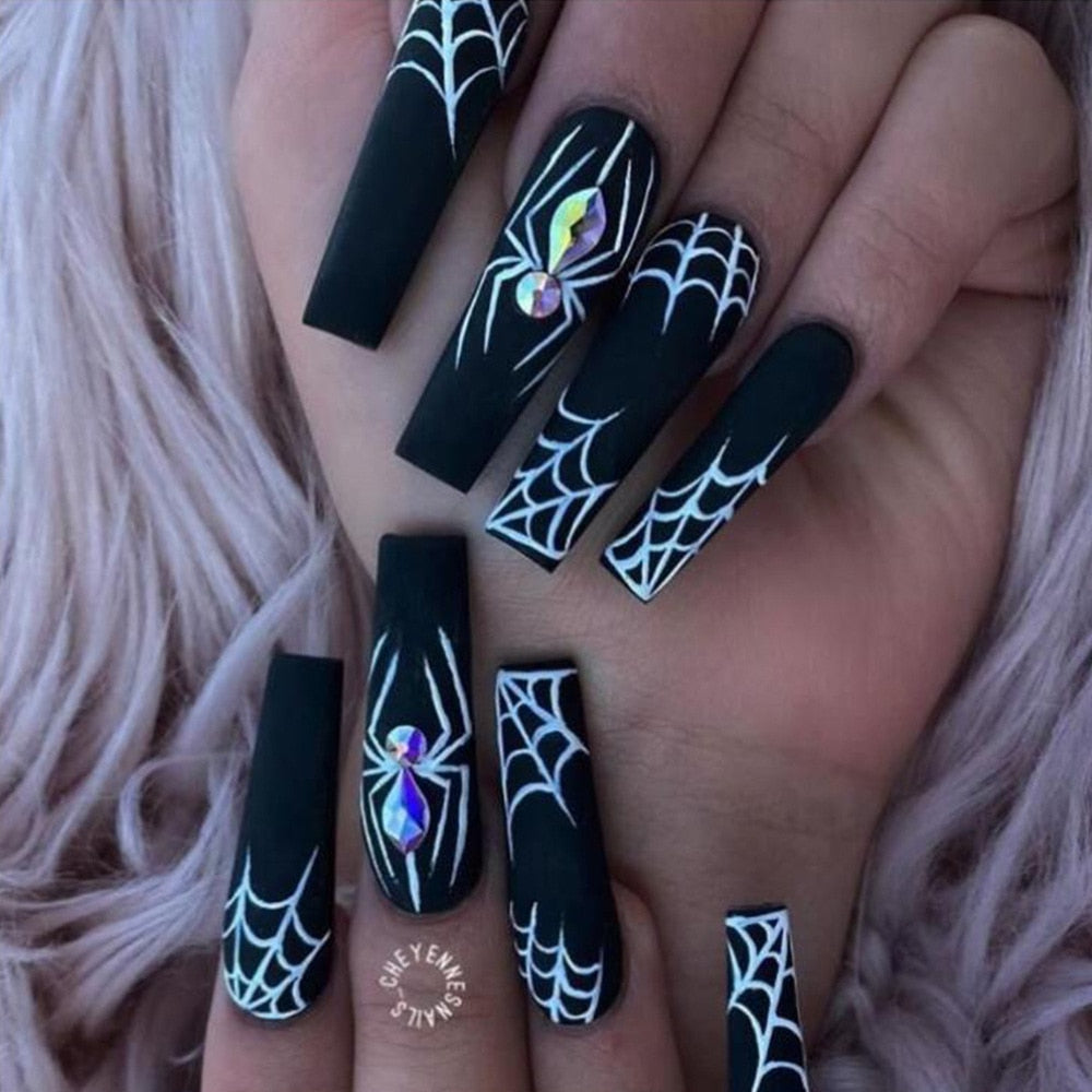 24Pcs Halloween False Nails Wearable French Long Fake Nails Coffin Ballet Press on Nail Black Pumpkin Patch Design Manicure Tips humolife