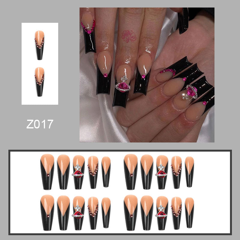 24pcs Press On Tips Nails Long Coffin False Nails Red Rhinestone Full Cover French Ballerina Fake Nails Nail Tips Manicure Tool humolife
