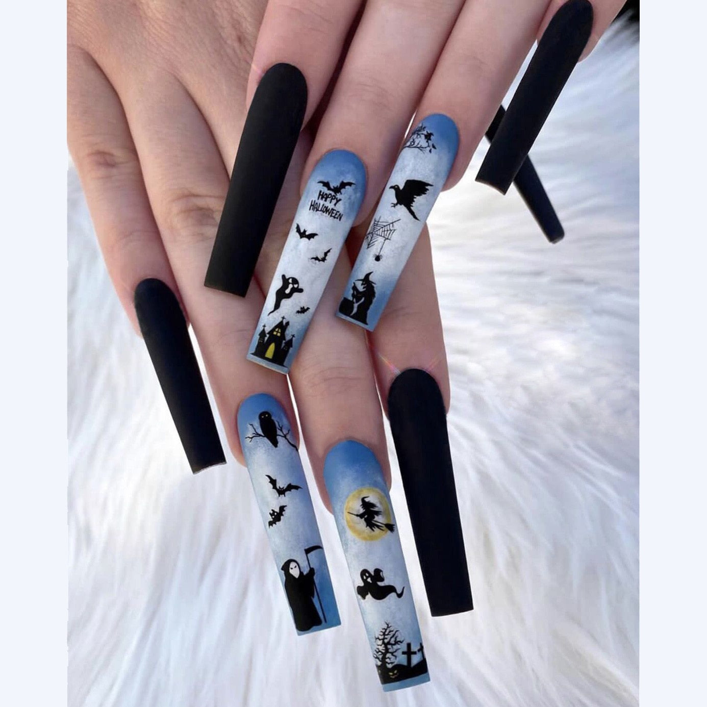 24Pcs Halloween False Nails Wearable French Long Fake Nails Coffin Ballet Press on Nail Black Pumpkin Patch Design Manicure Tips humolife