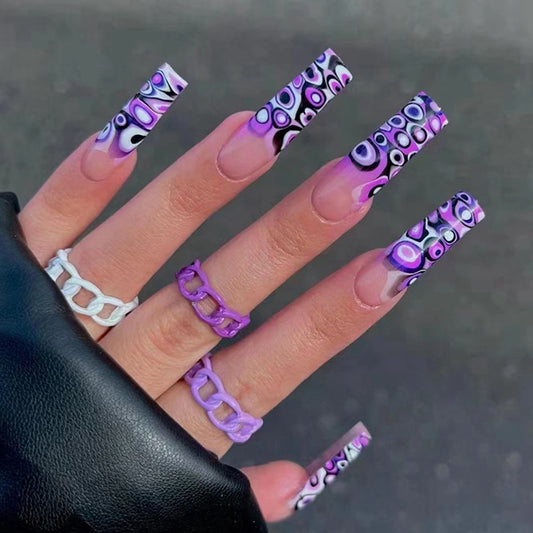 24Pcs Detachable Artificial Fake Nails French Purple Grape Blue wave Design Long Ballet Coffin Press On Nail False Manicure Tips humolife