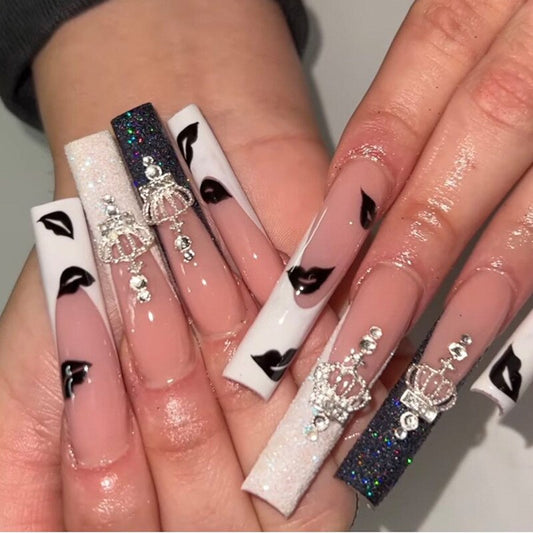 24 Pcs/Box Fake Nails Set Black White Design With Crown Extra Long Ballet Removable Nail Tips Full Cover Acrylic Coffin Nails humolife