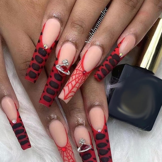 24pcs Press On Tips Nails Long Coffin False Nails Red Rhinestone Full Cover French Ballerina Fake Nails Nail Tips Manicure Tool humolife