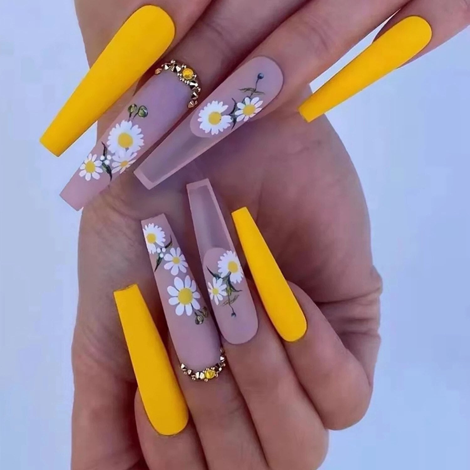 24pcs Long Coffin False Nails With Glue Wearable Ballerina Fake Nails With Design Rhinestone Full Cover Nail Tips Press On Nails humolife