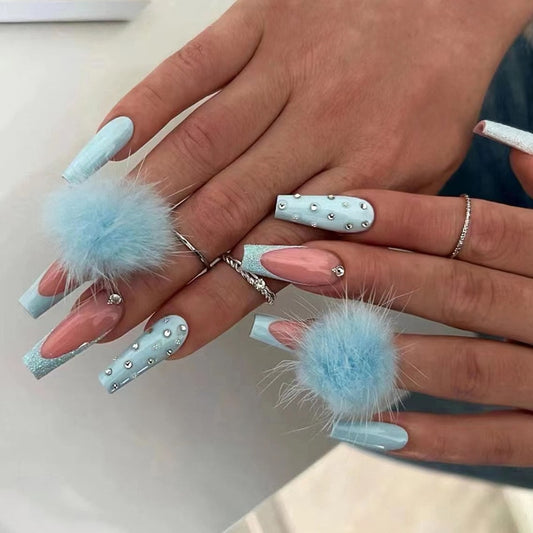 24pcs Long Coffin False Nails With Glue Wearable Ballerina Fake Nails With Design Rhinestone Full Cover Nail Tips Press On Nails humolife