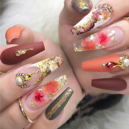 24Pcs Vintage French Long Ballet False Nails With Gold Foil Pearl Rhinestone Design Full Cover Press On Nail Tips Fake Nails humolife