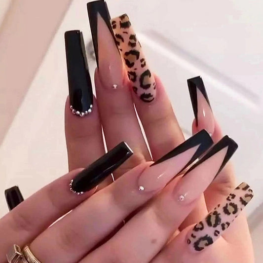 24pcs Press On Tips Nails Long Coffin False Nails Black Deep V Shape With Rhinestones Leopard Full Cover Fake Nails Nail Tips humolife