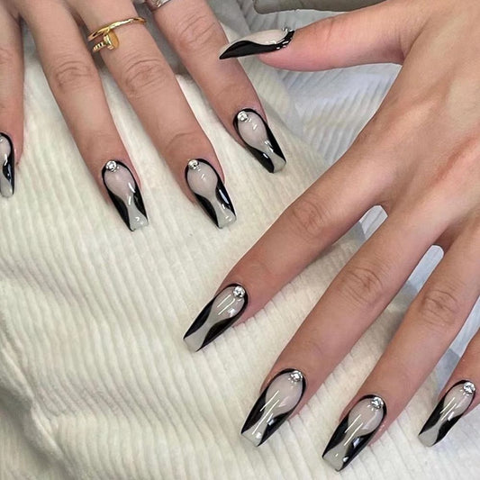 24Pcs Ballet French Coffin False Nails With Flowers Diamonds Designs Press On Fake Nails Detachable Acrylic Manicure Tips humolife
