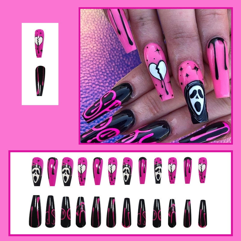 24Pcs Halloween False Nails Wearable French Long Fake Nails Coffin Ballet Press on Nail Black Pumpkin Patch Design Manicure Tips humolife